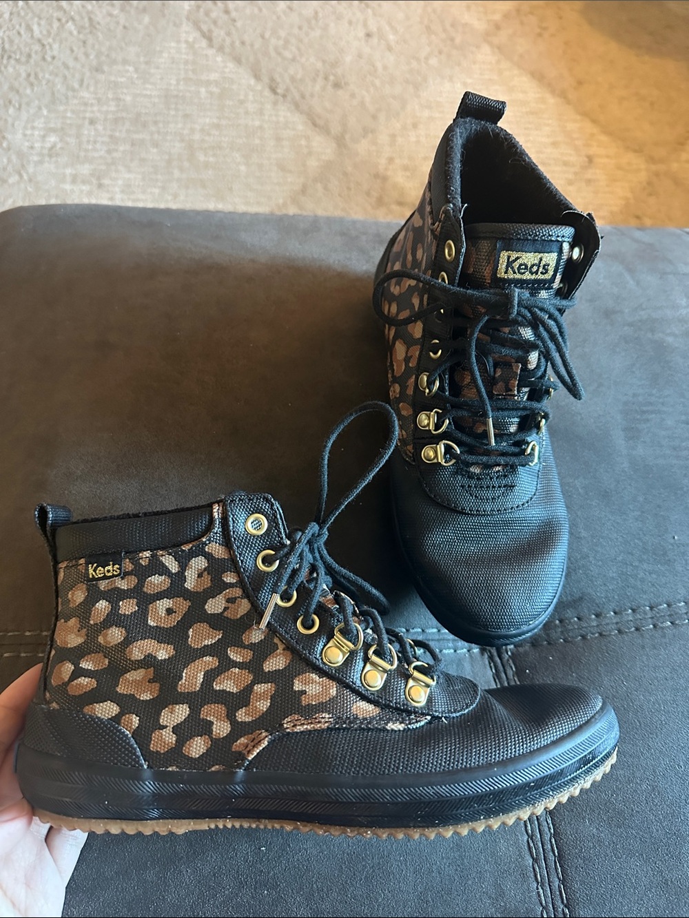 Keds Women's Black and Brown Leopard Lace-Up Boots